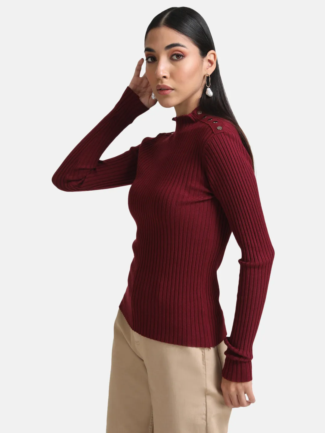 Raised Neck Pullover With Buttons