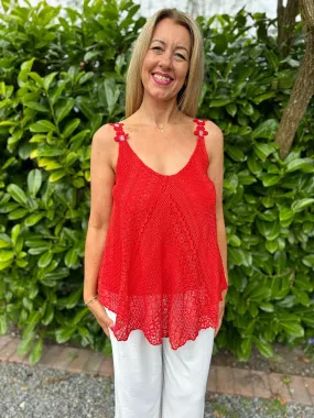 Red Crochet Flower Strap Vest Top Tilly