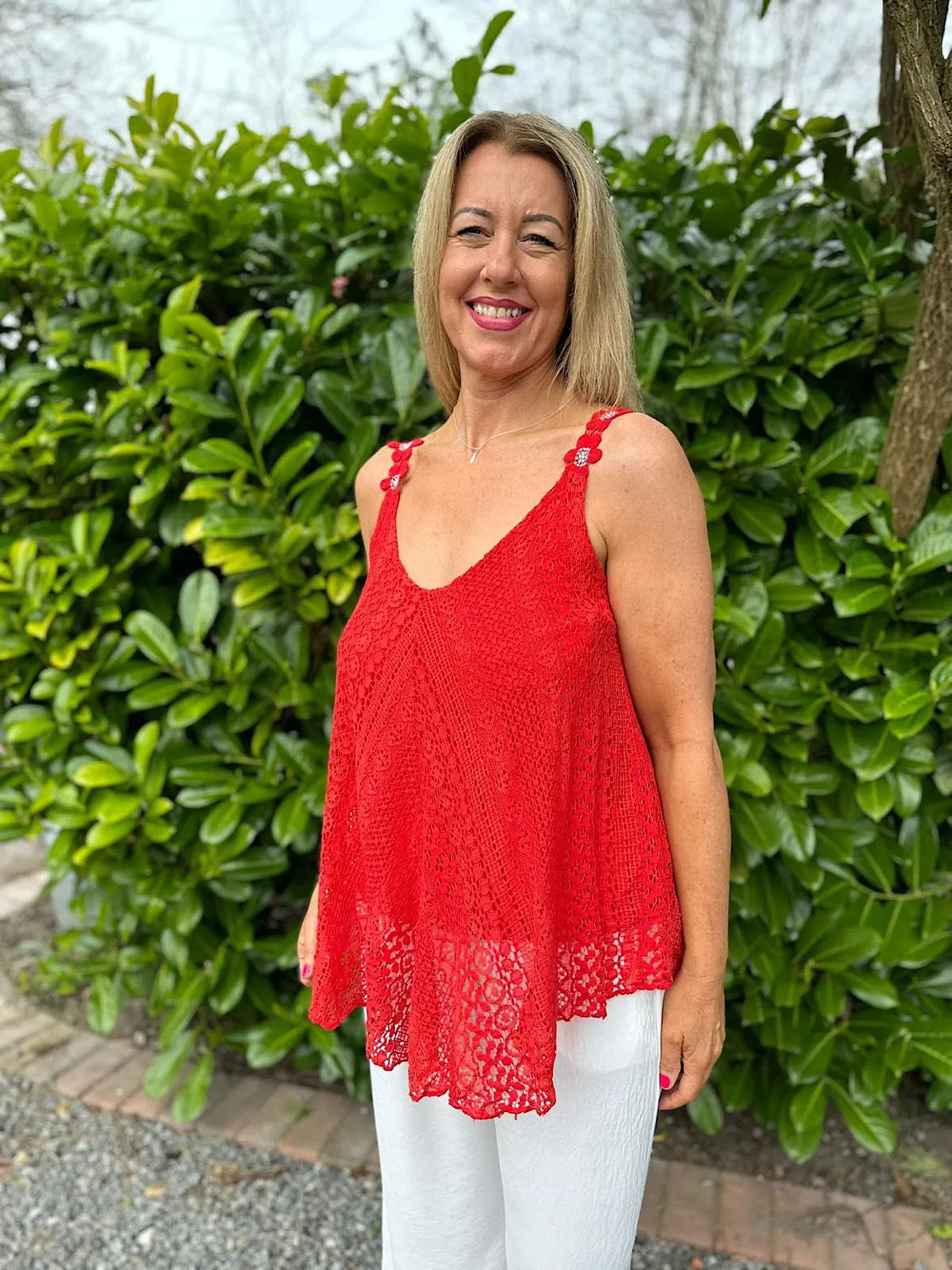 Red Crochet Flower Strap Vest Top Tilly