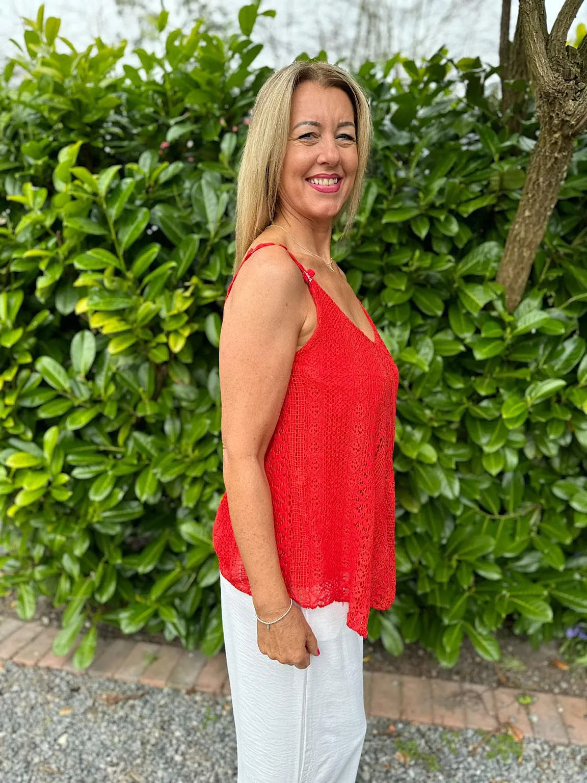 Red Crochet Flower Strap Vest Top Tilly