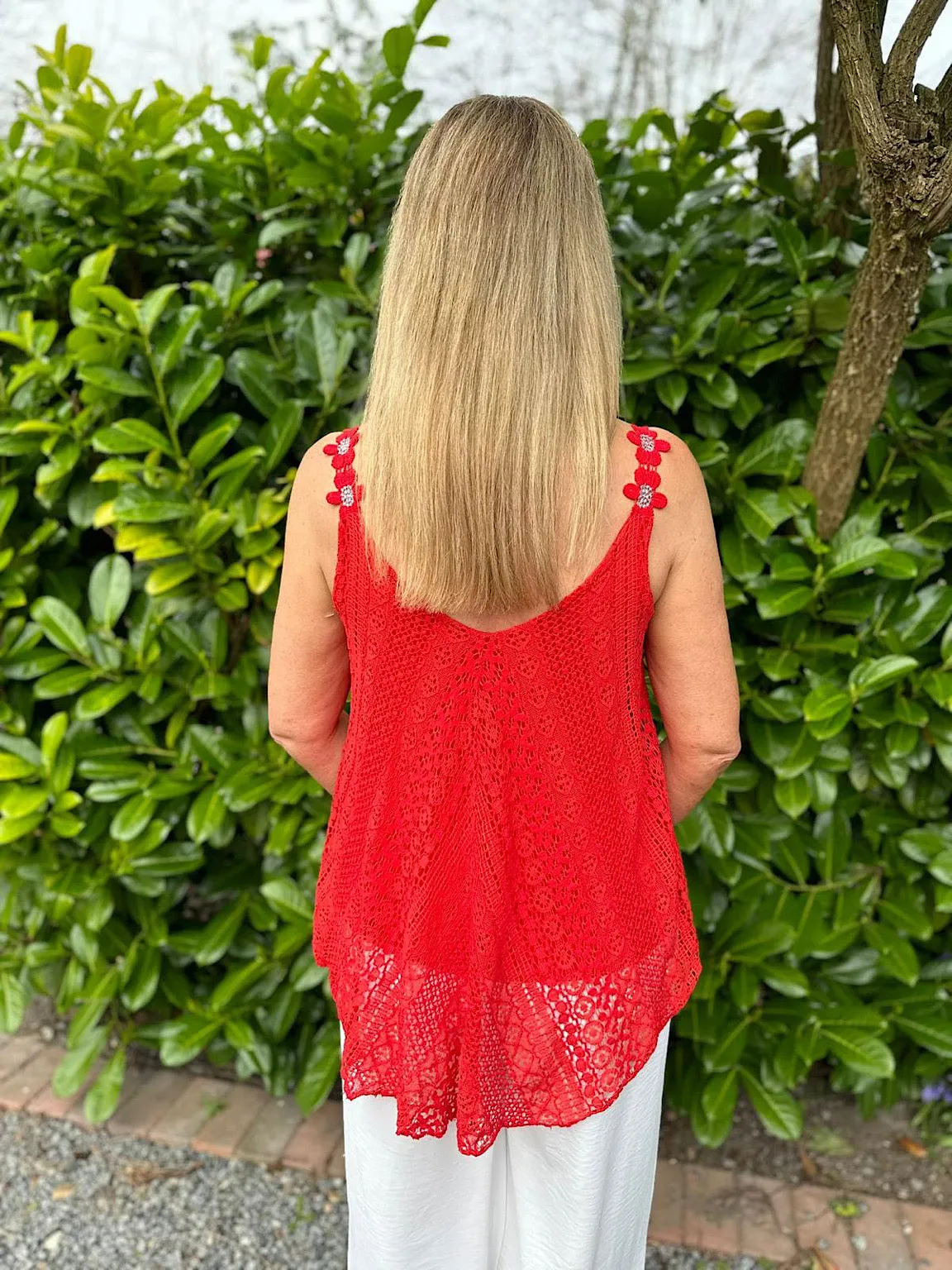 Red Crochet Flower Strap Vest Top Tilly