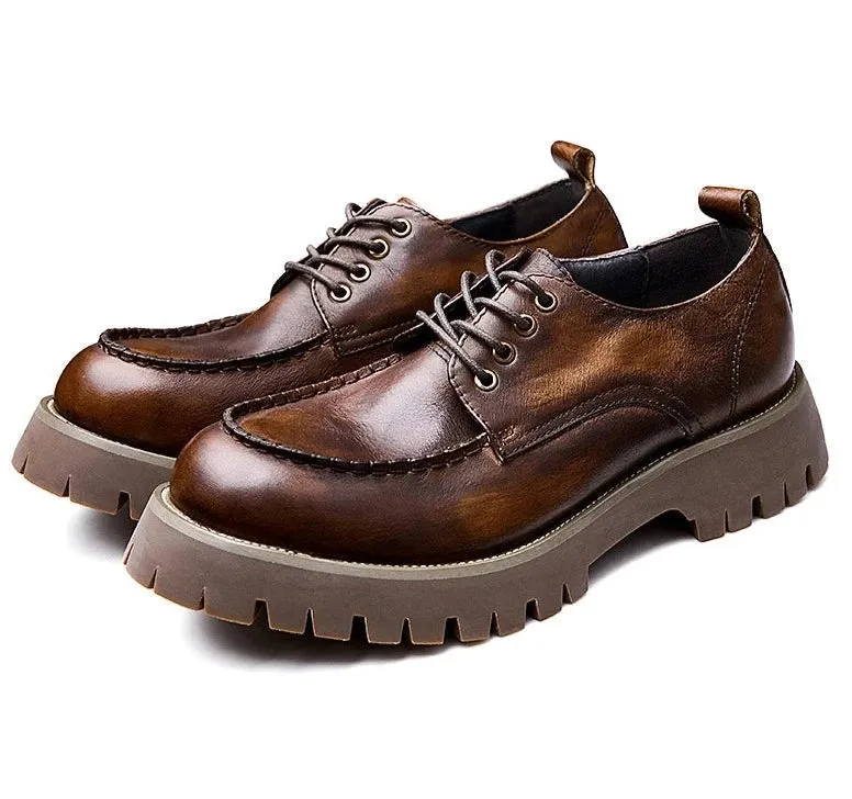 Retro Genuine Leather Round Toe Thick-sole Casual Shoes for Men