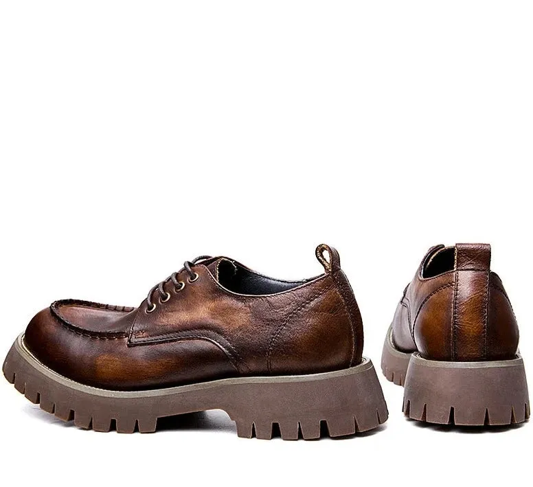 Retro Genuine Leather Round Toe Thick-sole Casual Shoes for Men