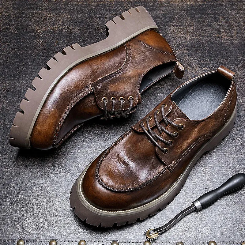 Retro Genuine Leather Round Toe Thick-sole Casual Shoes for Men