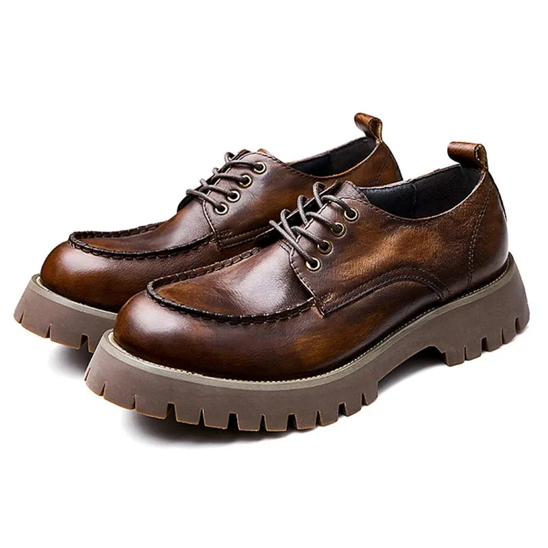 Retro Genuine Leather Round Toe Thick-sole Casual Shoes for Men