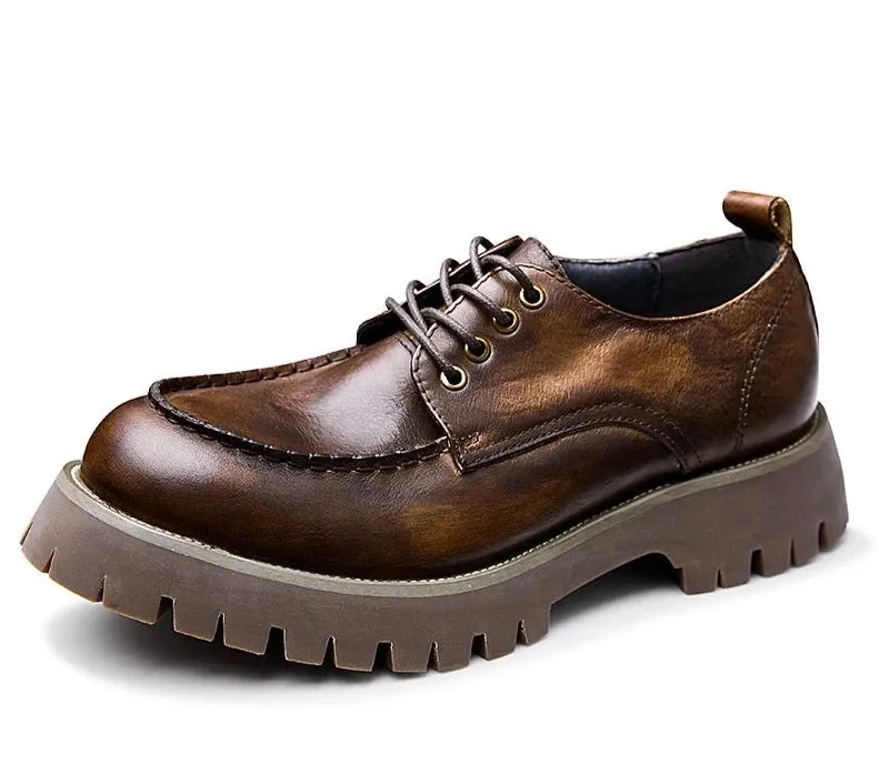 Retro Genuine Leather Round Toe Thick-sole Casual Shoes for Men