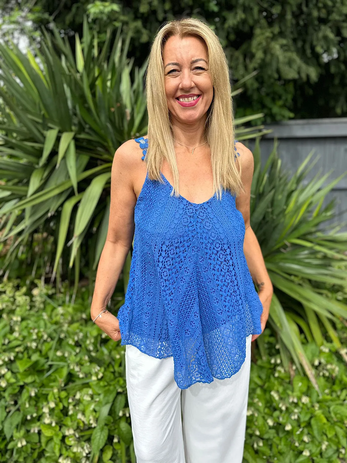 Royal Blue Crochet Flower Strap Vest Top Tilly