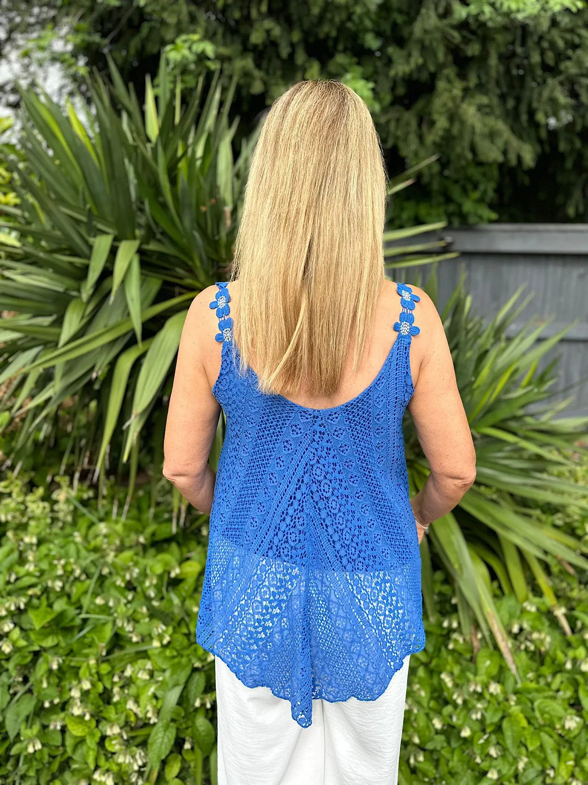 Royal Blue Crochet Flower Strap Vest Top Tilly