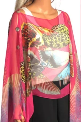 Silky Sheer 6-Button Poncho - Fuchsia Butterfly