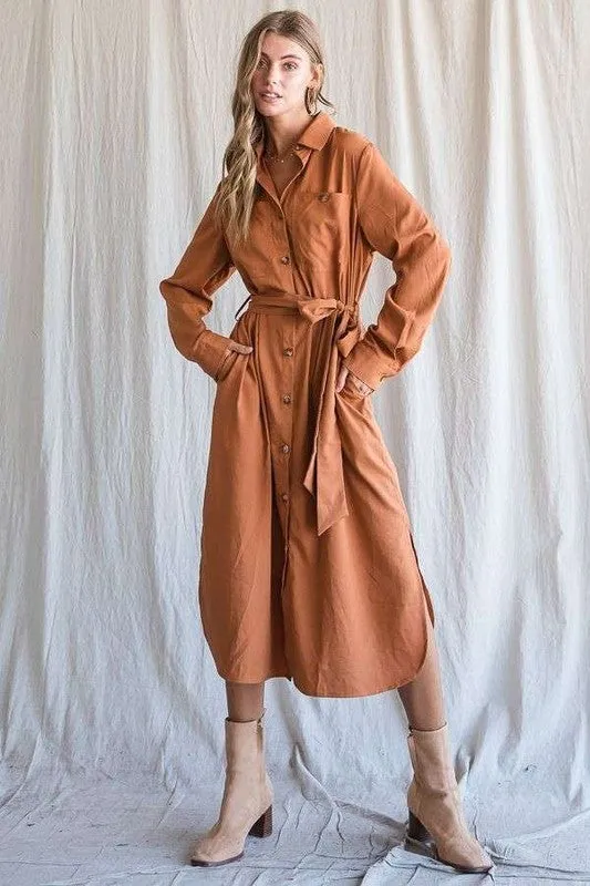 SOLID BUTTON DOWN BELTED LONG DRESS