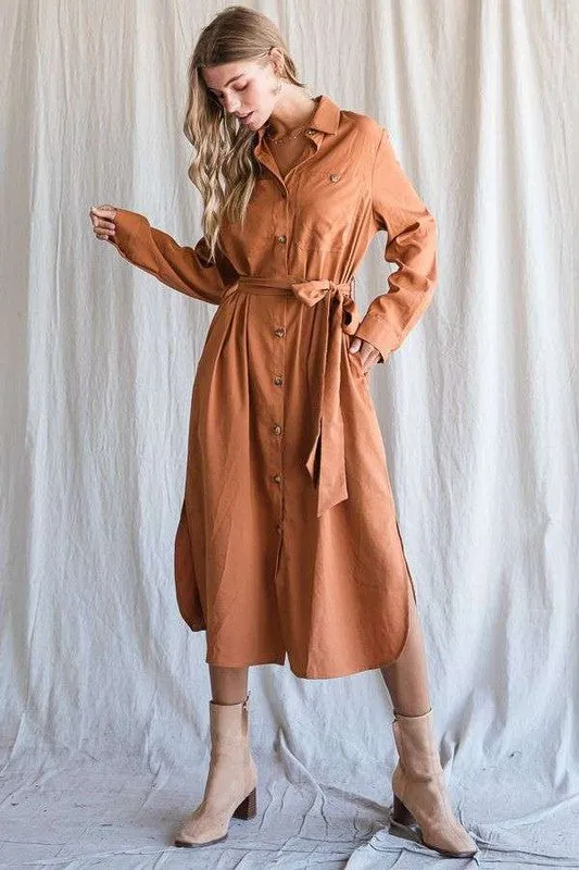 SOLID BUTTON DOWN BELTED LONG DRESS