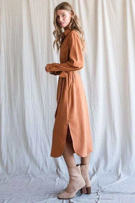 SOLID BUTTON DOWN BELTED LONG DRESS