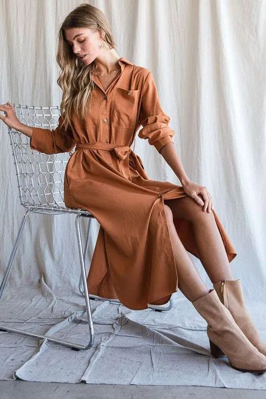 SOLID BUTTON DOWN BELTED LONG DRESS