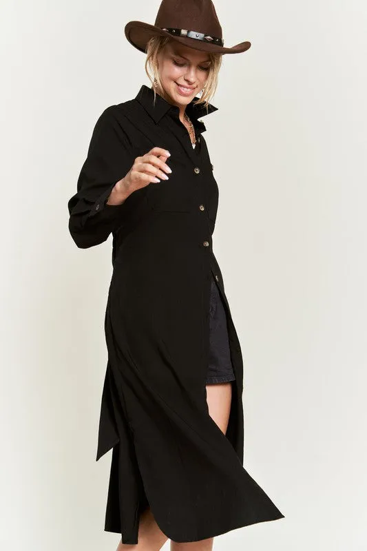 SOLID BUTTON DOWN BELTED LONG DRESS