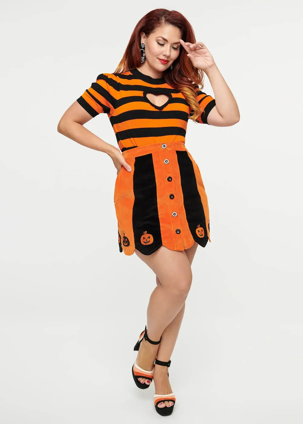 Unique Vintage Smak Parlour Pumpkin 60's Mini Skirt Black Orange