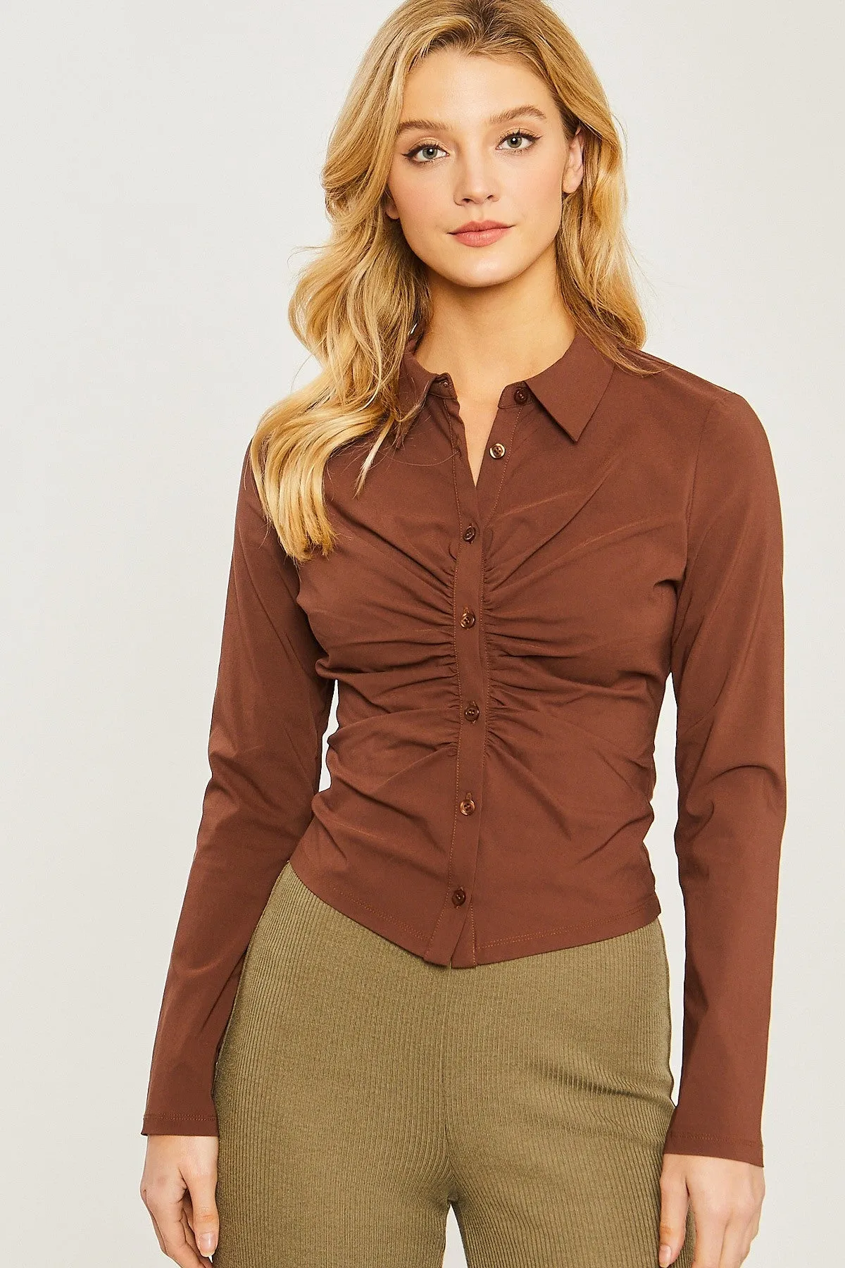 Wholesale Ruched Front Button Down Top